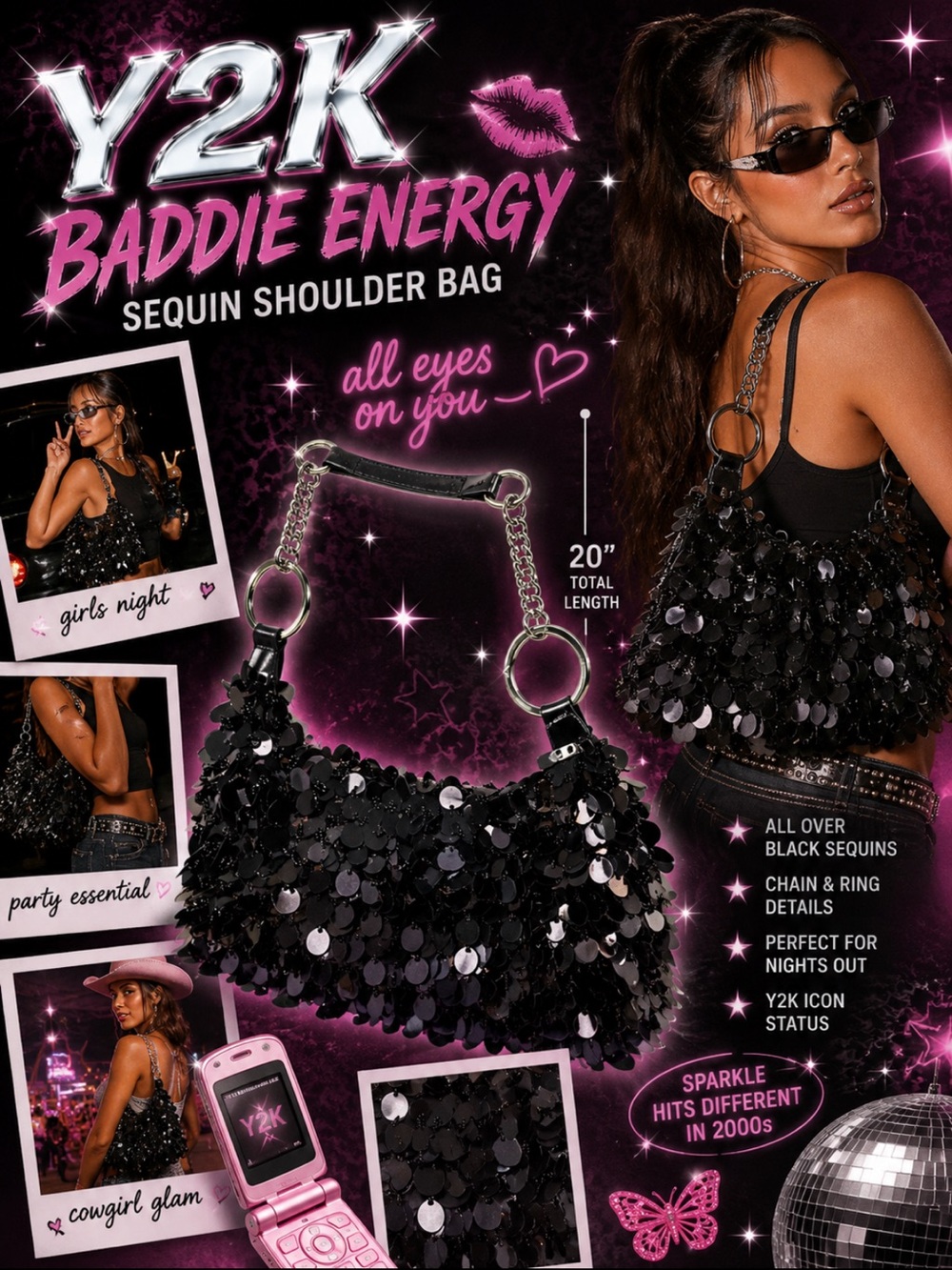 Y2K Sequin Shoulder Bag in Black